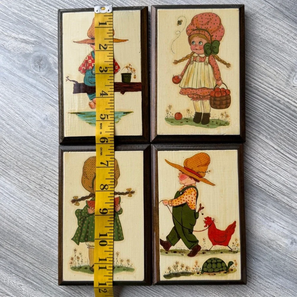 Vintage Ardi Wooden Plaques Set of 4 Country Kids Wall Art 4x6 Grannycore Decor